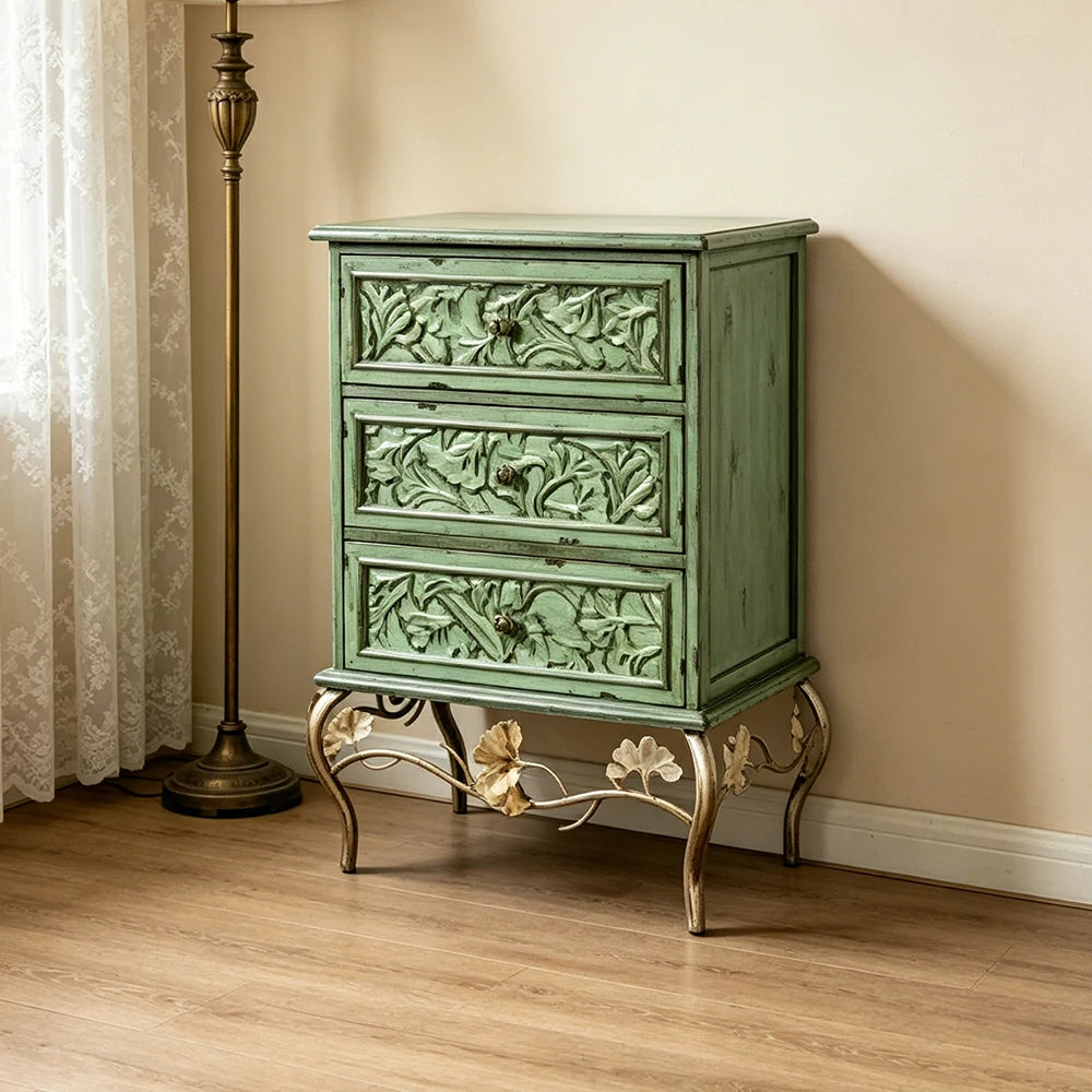 LIVARA 3-Drawer Cabinet - Vintage Carved Storage Chest for Bedroom Entryway - Green
