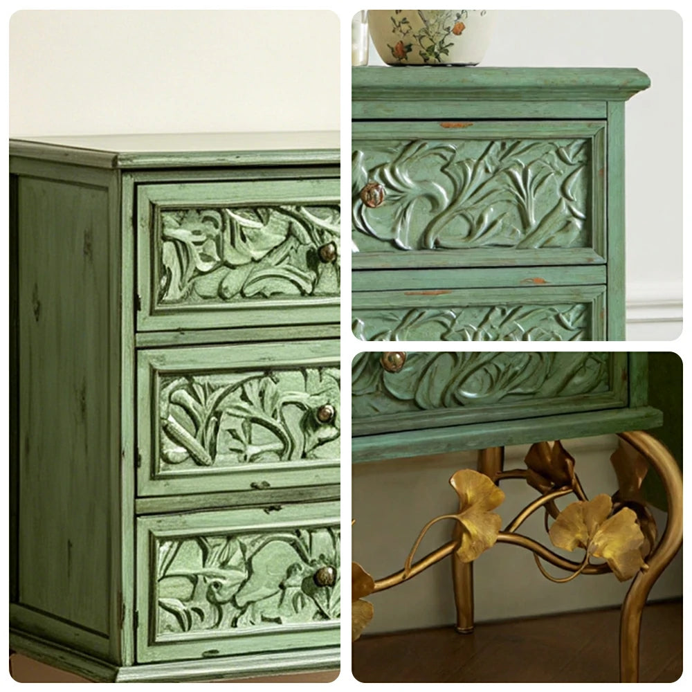 LIVARA 3-Drawer Cabinet - Vintage Carved Storage Chest for Bedroom Entryway - Green