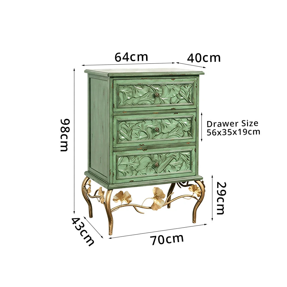LIVARA 3-Drawer Cabinet - Vintage Carved Storage Chest for Bedroom Entryway - Green
