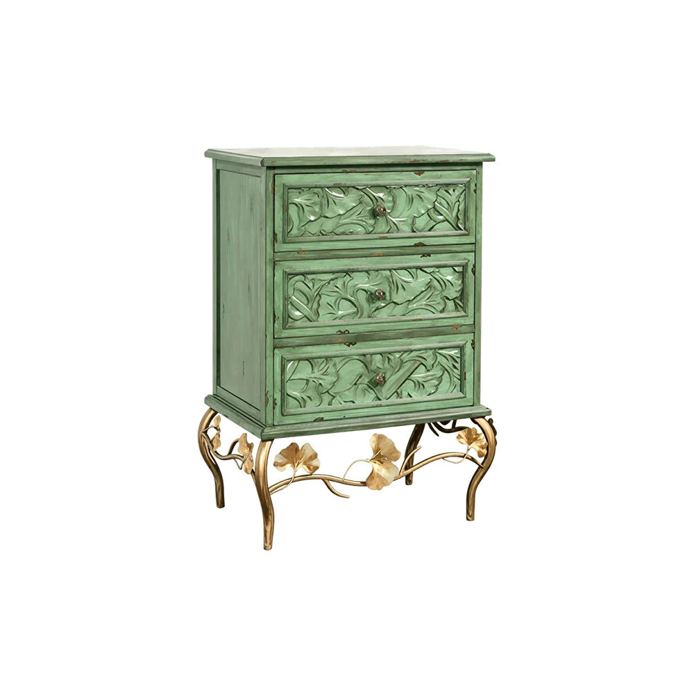 LIVARA 3-Drawer Cabinet - Vintage Carved Storage Chest for Bedroom Entryway - Green