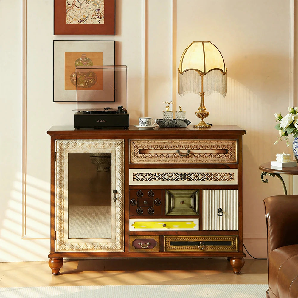 LIVARA Giverny Entryway Sideboard - Vintage Storage Cabinet with Glass Door - Antique Wood