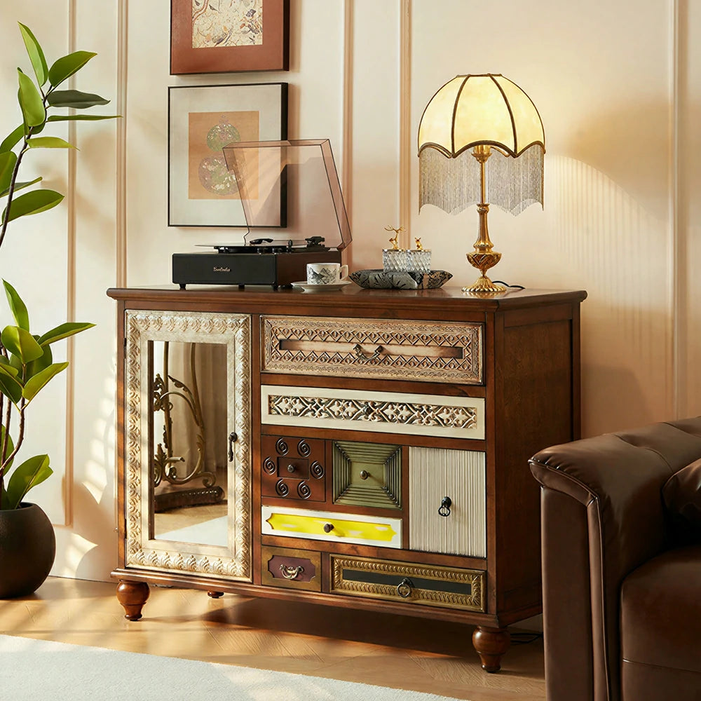 LIVARA Giverny Entryway Sideboard - Vintage Storage Cabinet with Glass Door - Antique Wood