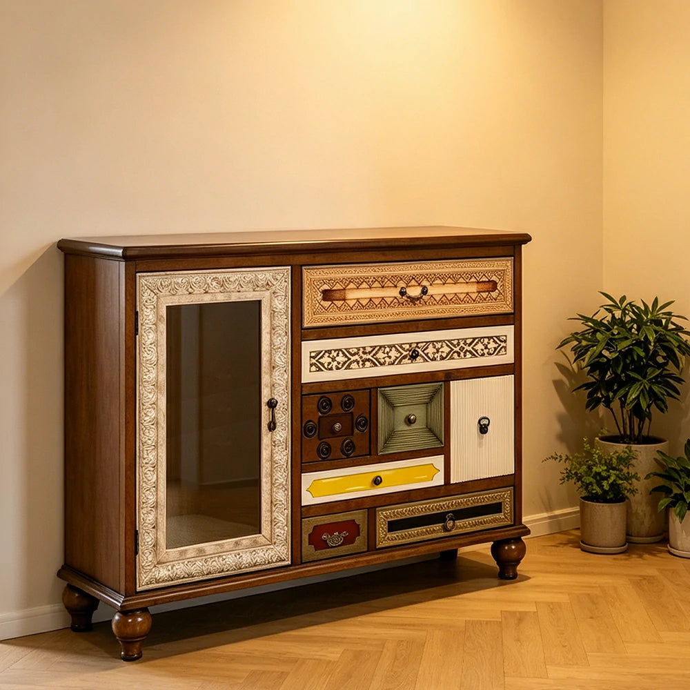 LIVARA Giverny Entryway Sideboard - Vintage Storage Cabinet with Glass Door - Antique Wood