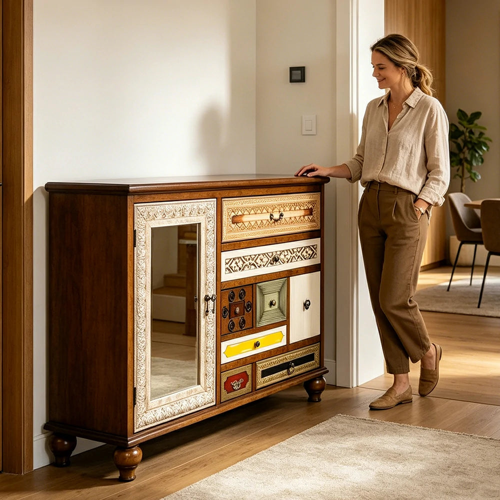 LIVARA Giverny Entryway Sideboard - Vintage Storage Cabinet with Glass Door - Antique Wood