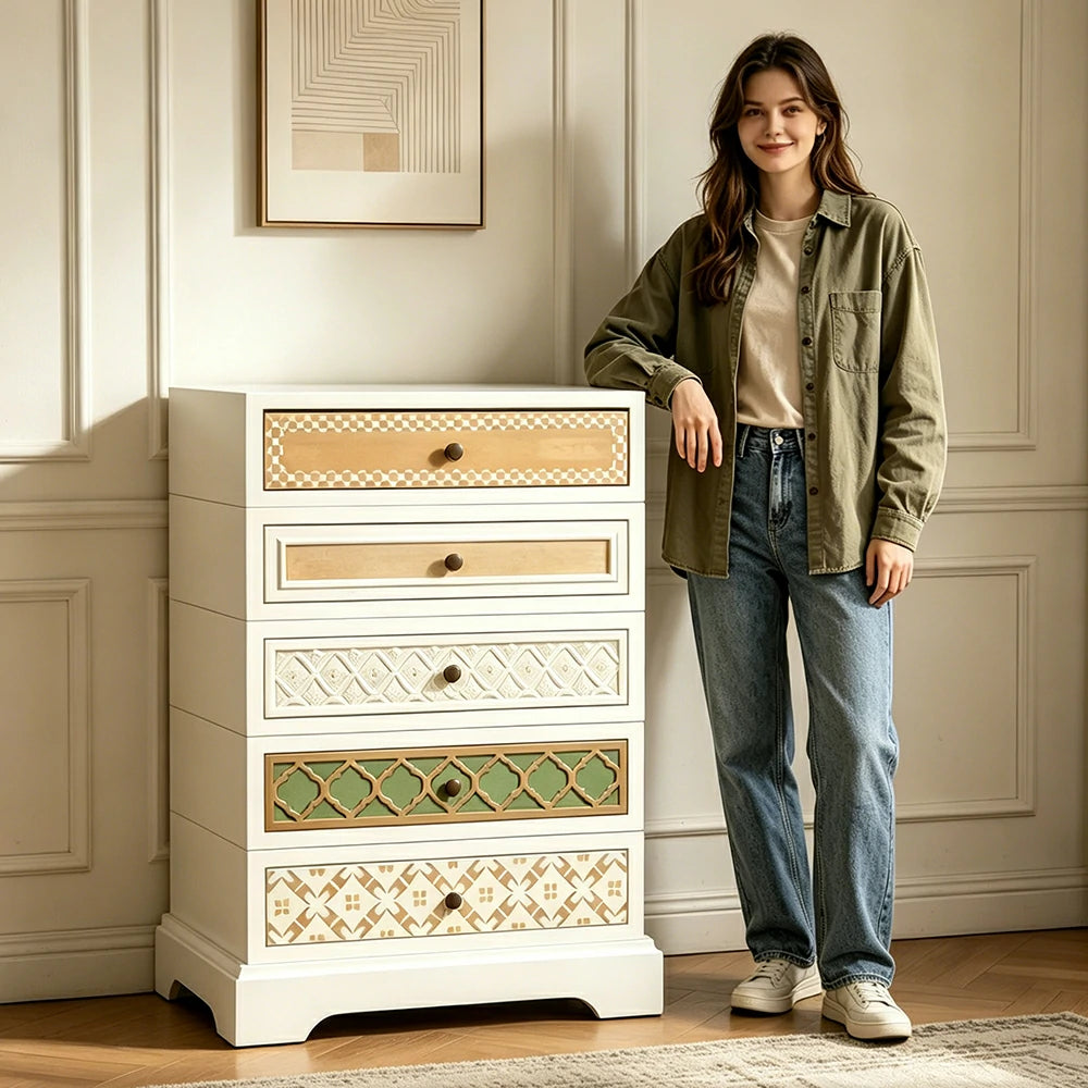 LUXORA Vintage Multi-Drawer Cabinet - Solid Wood Storage Chest for Bedroom Entryway - White