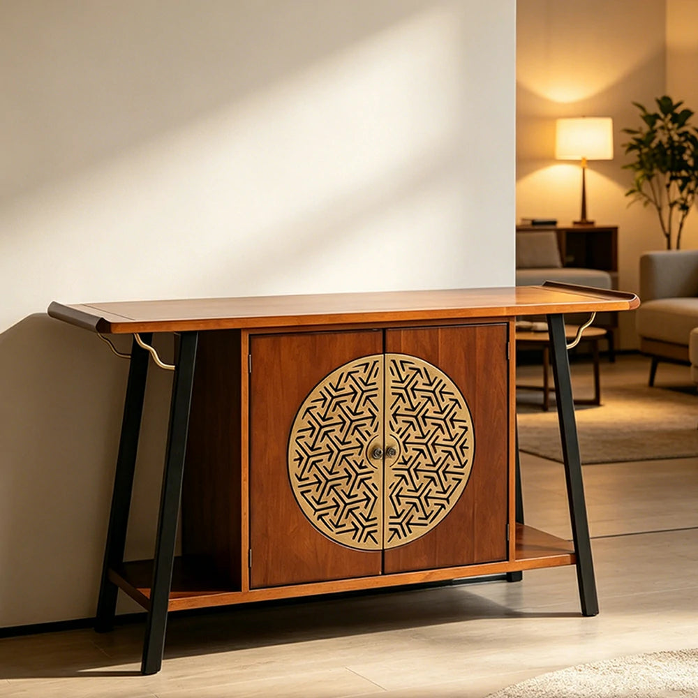LUXORA Entryway Console Cabinet - Solid Wood Storage Table with Metal Doors - Vintage Wood