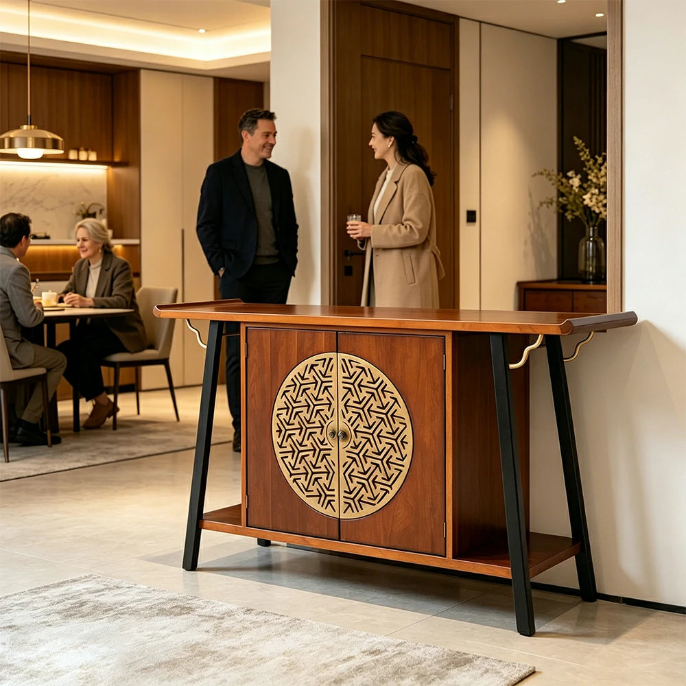 LUXORA Entryway Console Cabinet - Solid Wood Storage Table with Metal Doors - Vintage Wood