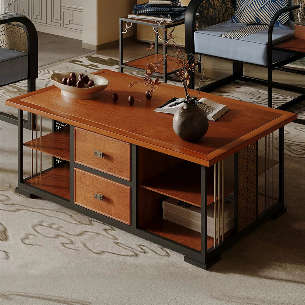 LUXORA Modern Oriental Coffee Table - Storage Tea Table with Dual Drawers & Open Shelf - 130cm Living Room Centre Table - Walnut