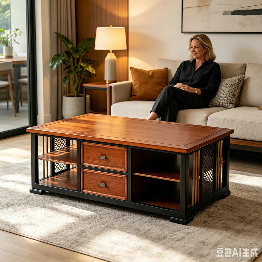 LUXORA Modern Oriental Coffee Table - Storage Tea Table with Dual Drawers & Open Shelf - 130cm Living Room Centre Table - Walnut
