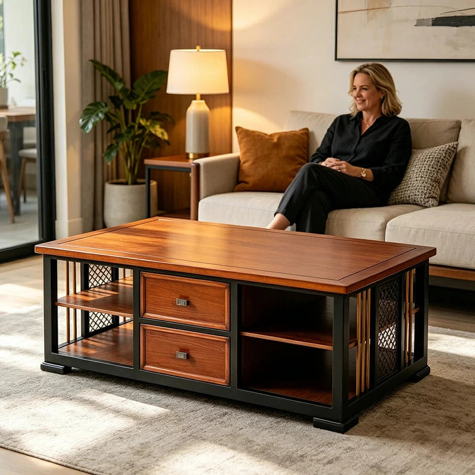 LUXORA Modern Oriental Coffee Table - Storage Tea Table with Dual Drawers & Open Shelf - 130cm Living Room Centre Table - Walnut