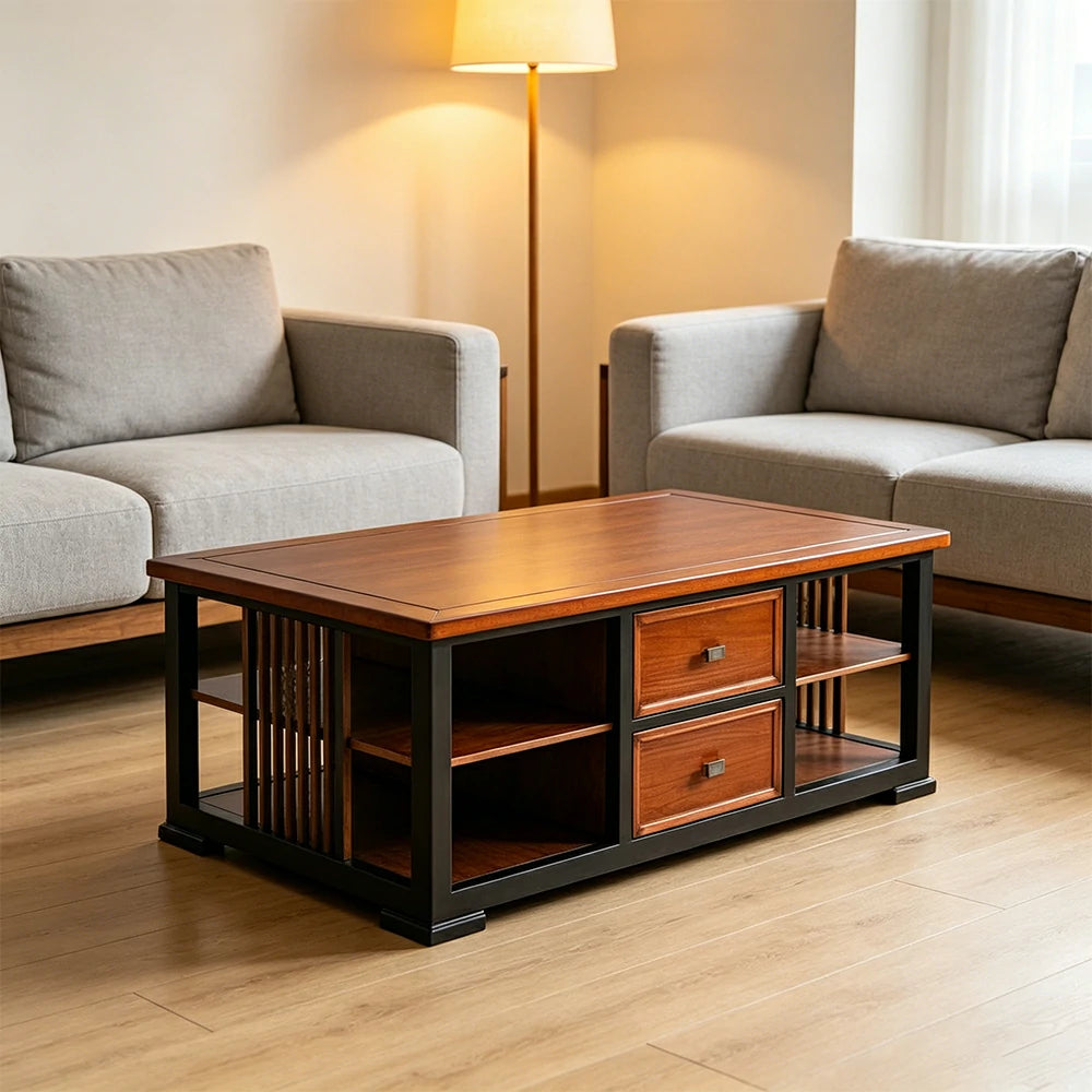 LUXORA Modern Oriental Coffee Table - Storage Tea Table with Dual Drawers & Open Shelf - 130cm Living Room Centre Table - Walnut