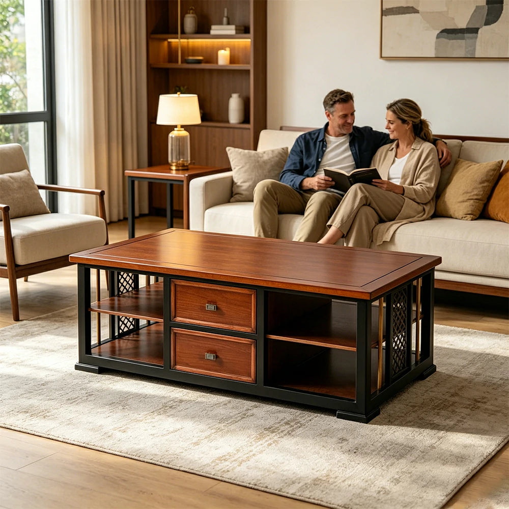 LUXORA Modern Oriental Coffee Table - Storage Tea Table with Dual Drawers & Open Shelf - 130cm Living Room Centre Table - Walnut