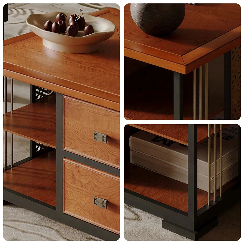LUXORA Modern Oriental Coffee Table - Storage Tea Table with Dual Drawers & Open Shelf - 130cm Living Room Centre Table - Walnut