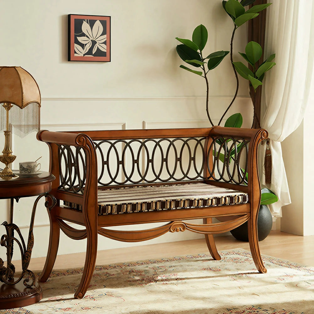 LUXORA American Vintage Sofa Bench - Solid Wood Frame with Metal Scrollwork - 122cm Living Room Lounge Seat - Amber Brown