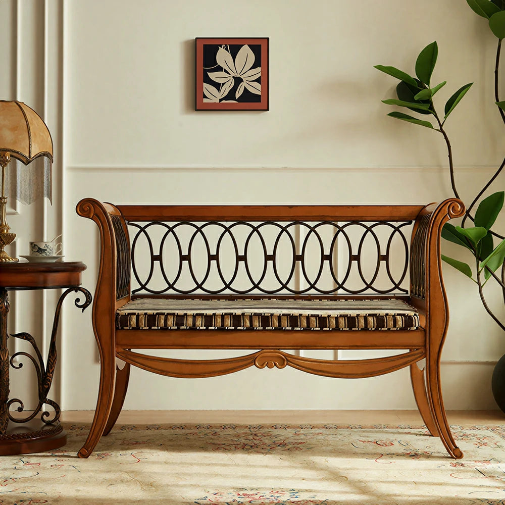 LUXORA American Vintage Sofa Bench - Solid Wood Frame with Metal Scrollwork - 122cm Living Room Lounge Seat - Amber Brown