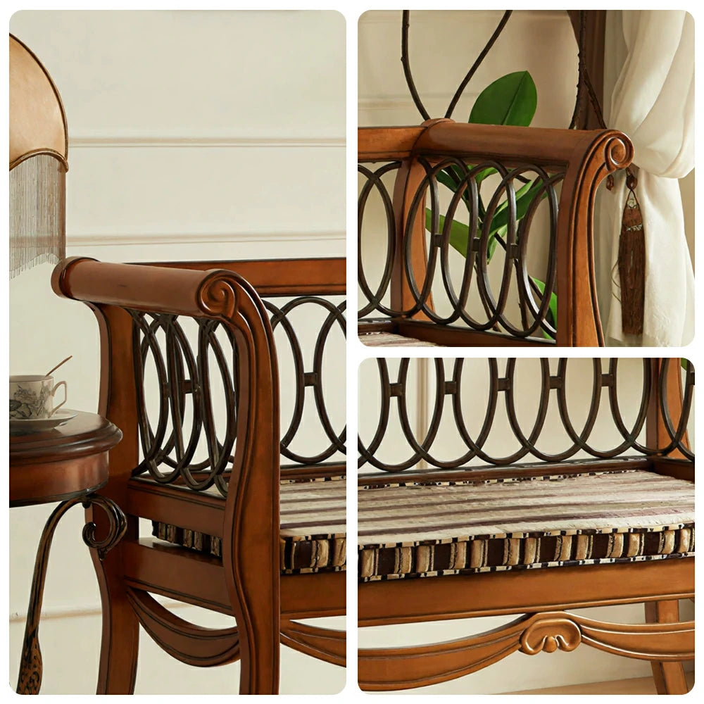 LUXORA American Vintage Sofa Bench - Solid Wood Frame with Metal Scrollwork - 122cm Living Room Lounge Seat - Amber Brown