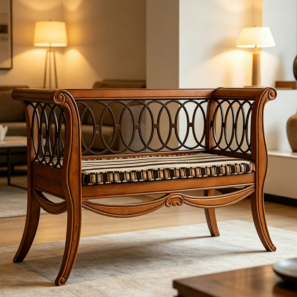 LUXORA American Vintage Sofa Bench - Solid Wood Frame with Metal Scrollwork - 122cm Living Room Lounge Seat - Amber Brown
