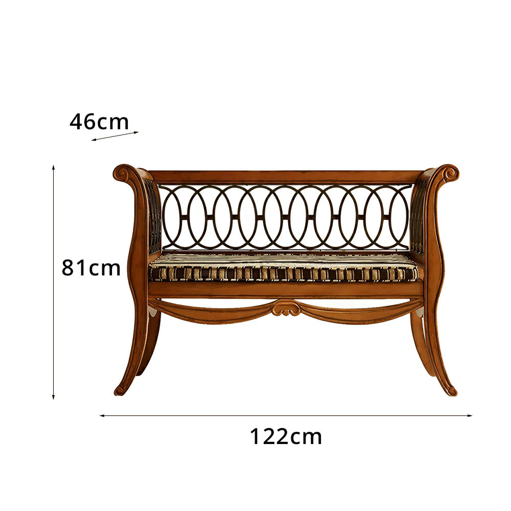 LUXORA American Vintage Sofa Bench - Solid Wood Frame with Metal Scrollwork - 122cm Living Room Lounge Seat - Amber Brown