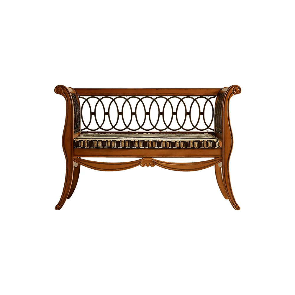 LUXORA American Vintage Sofa Bench - Solid Wood Frame with Metal Scrollwork - 122cm Living Room Lounge Seat - Amber Brown