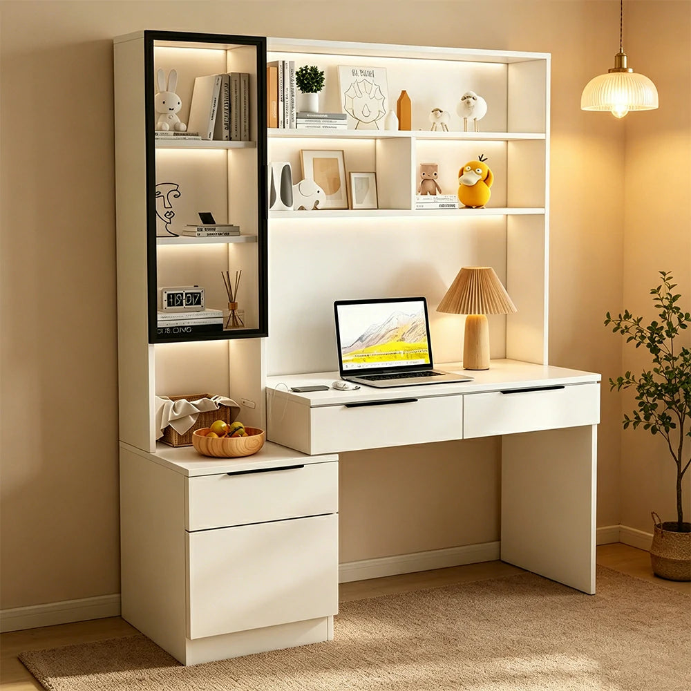 LUXORA 120cm Desk with Bookshelf Storage Cabinet & Drawers for Home Office - Warm White