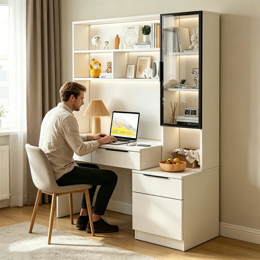 LUXORA 120cm Desk with Bookshelf Storage Cabinet & Drawers for Home Office - Warm White