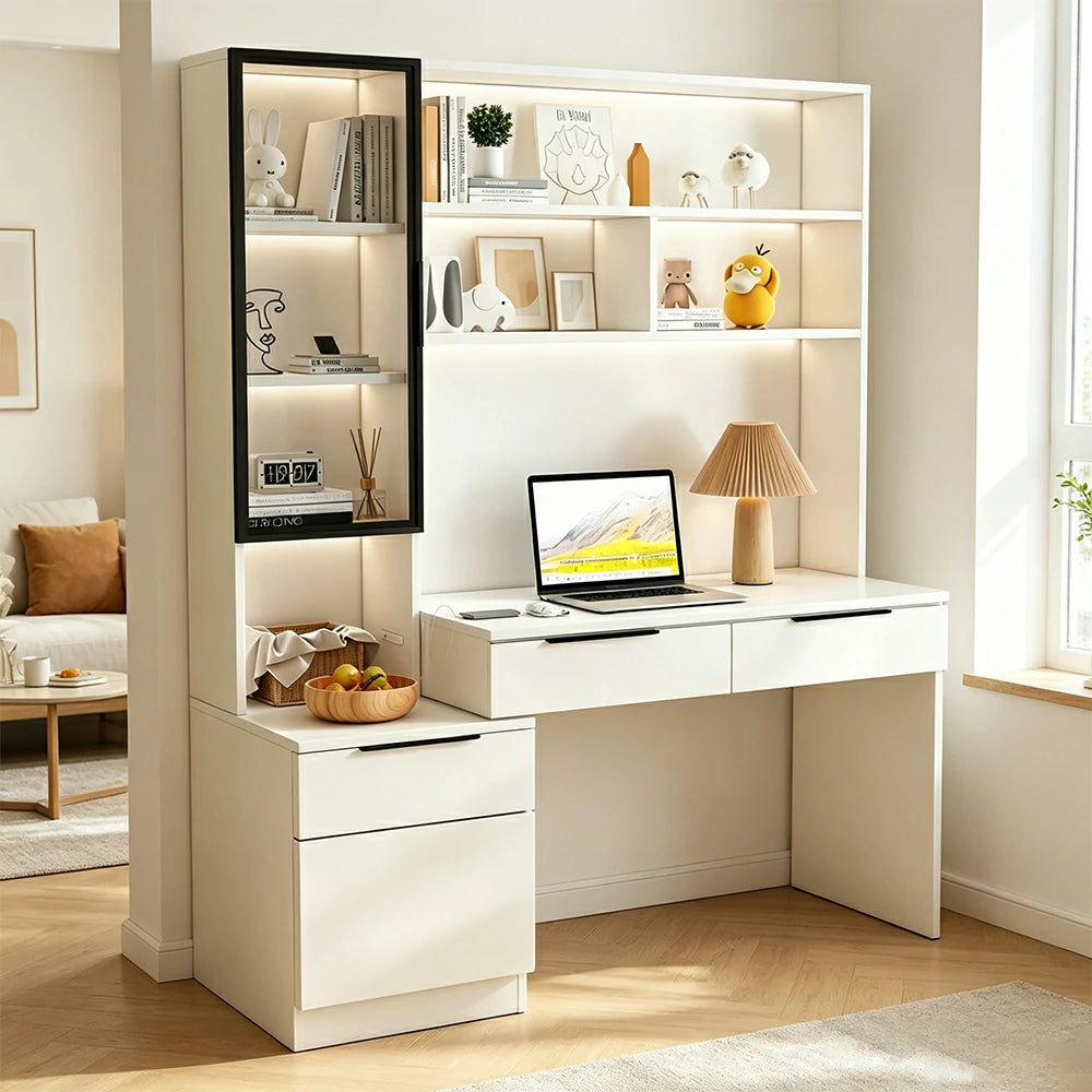 LUXORA 120cm Desk with Bookshelf Storage Cabinet & Drawers for Home Office - Warm White