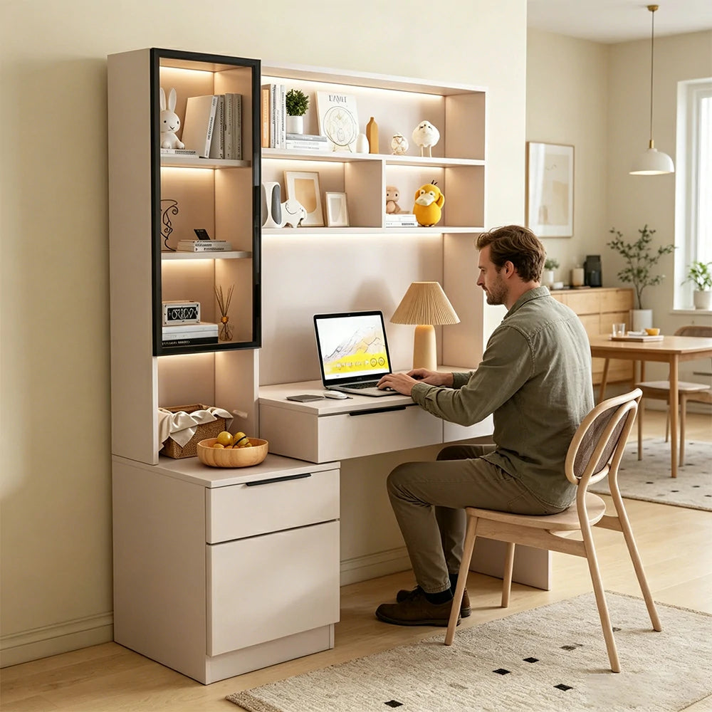 LUXORA 120cm Desk with Bookshelf Storage Cabinet & Drawers for Home Office - Grey