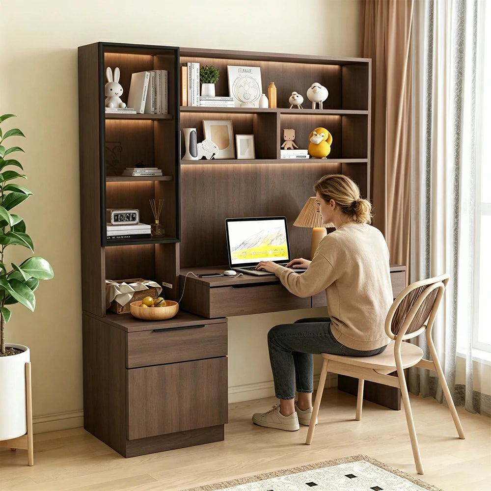 LUXORA 120cm Desk with Bookshelf Storage Cabinet & Drawers for Home Office - Brown