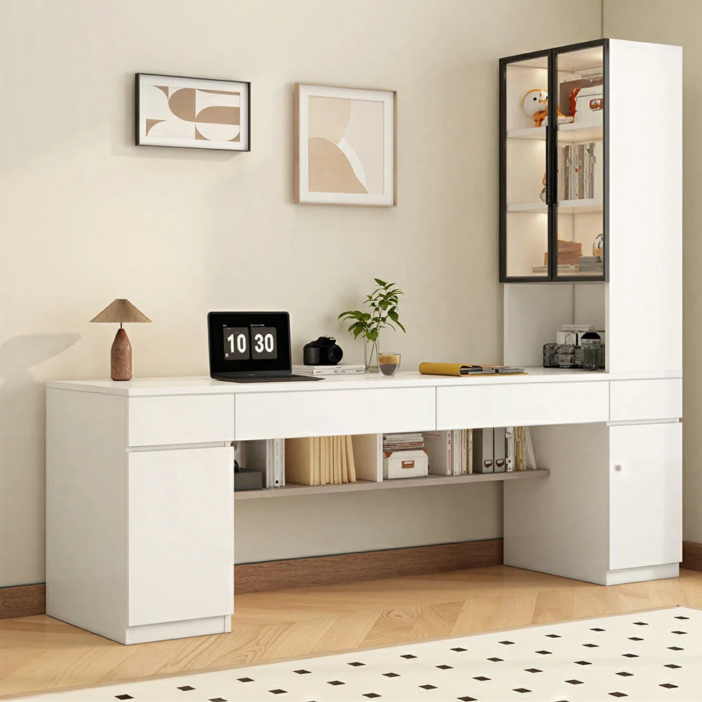 LUXORA 160cm Desk with Right Storage Cabinet & Glass Display Shelves for Home Office - Warm White