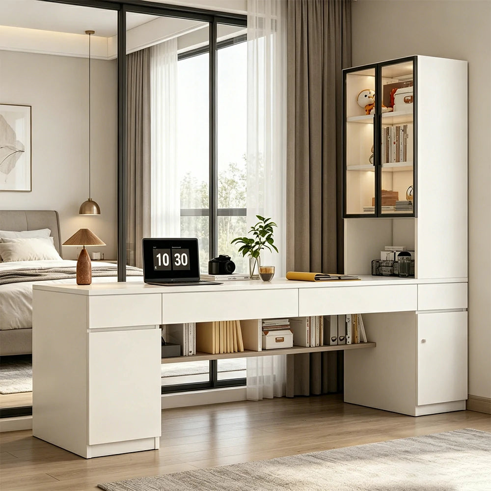 LUXORA 160cm Desk with Right Storage Cabinet & Glass Display Shelves for Home Office - Warm White