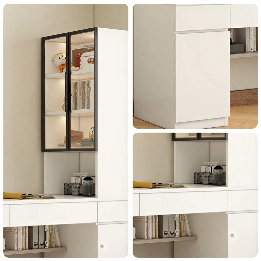 LUXORA 160cm Desk with Right Storage Cabinet & Glass Display Shelves for Home Office - Warm White