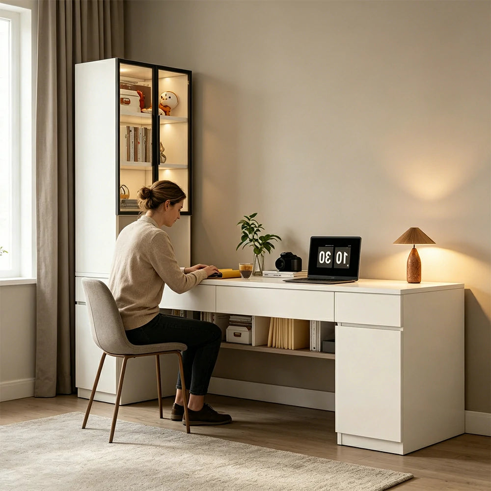 LUXORA 160cm Desk with Right Storage Cabinet & Glass Display Shelves for Home Office - Warm White