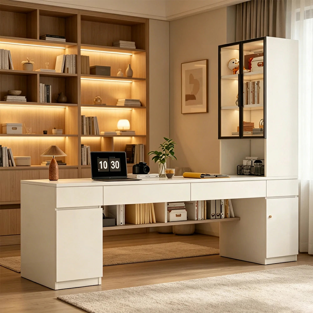 LUXORA 160cm Desk with Right Storage Cabinet & Glass Display Shelves for Home Office - Warm White