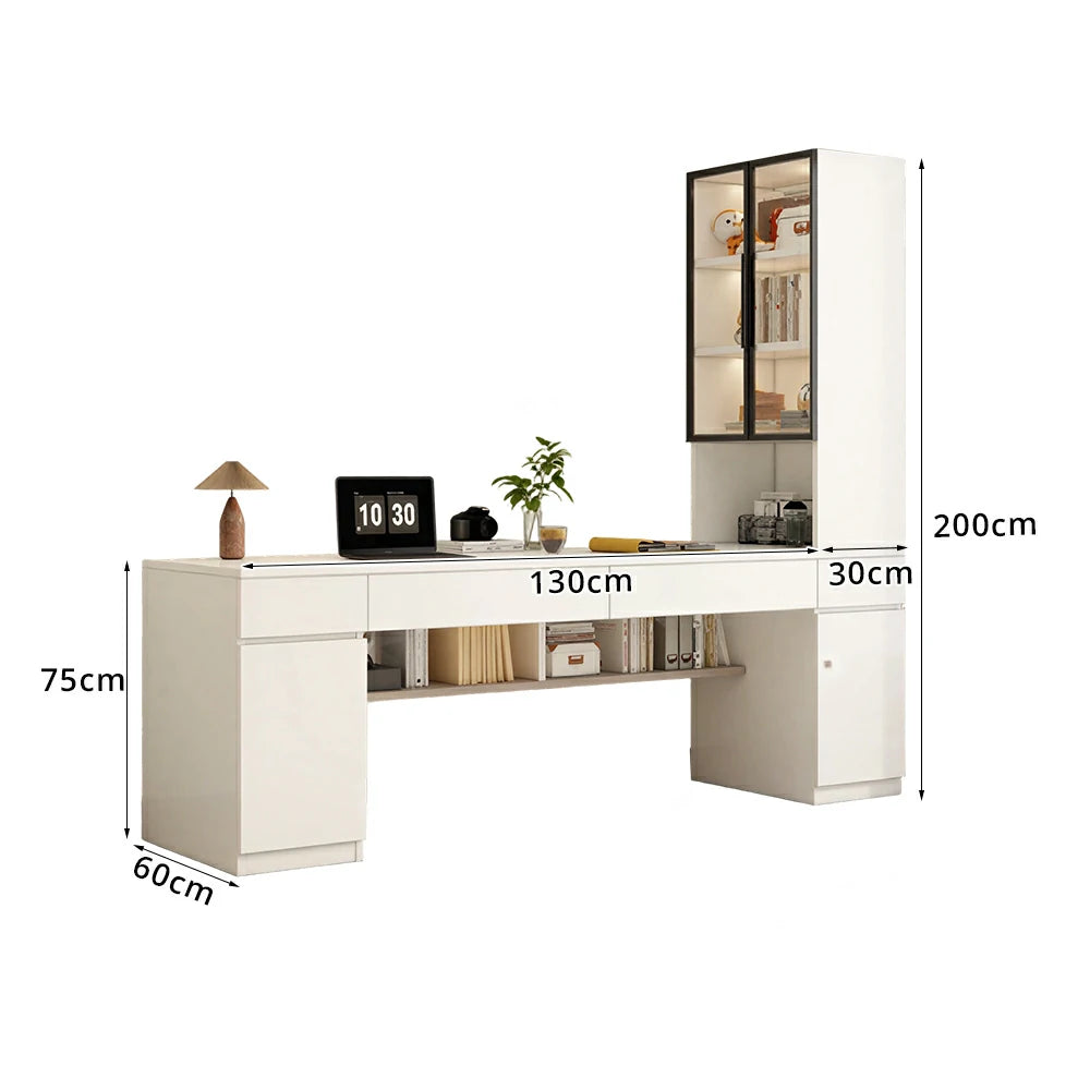 LUXORA 160cm Desk with Right Storage Cabinet & Glass Display Shelves for Home Office - Warm White