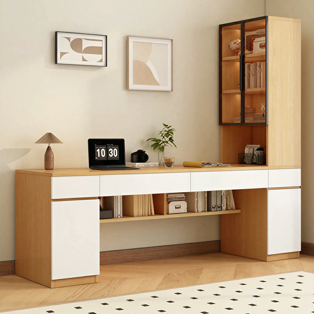LUXORA 160cm Desk with Right Storage Cabinet & Glass Display Shelves for Home Office - Warm White&Wood