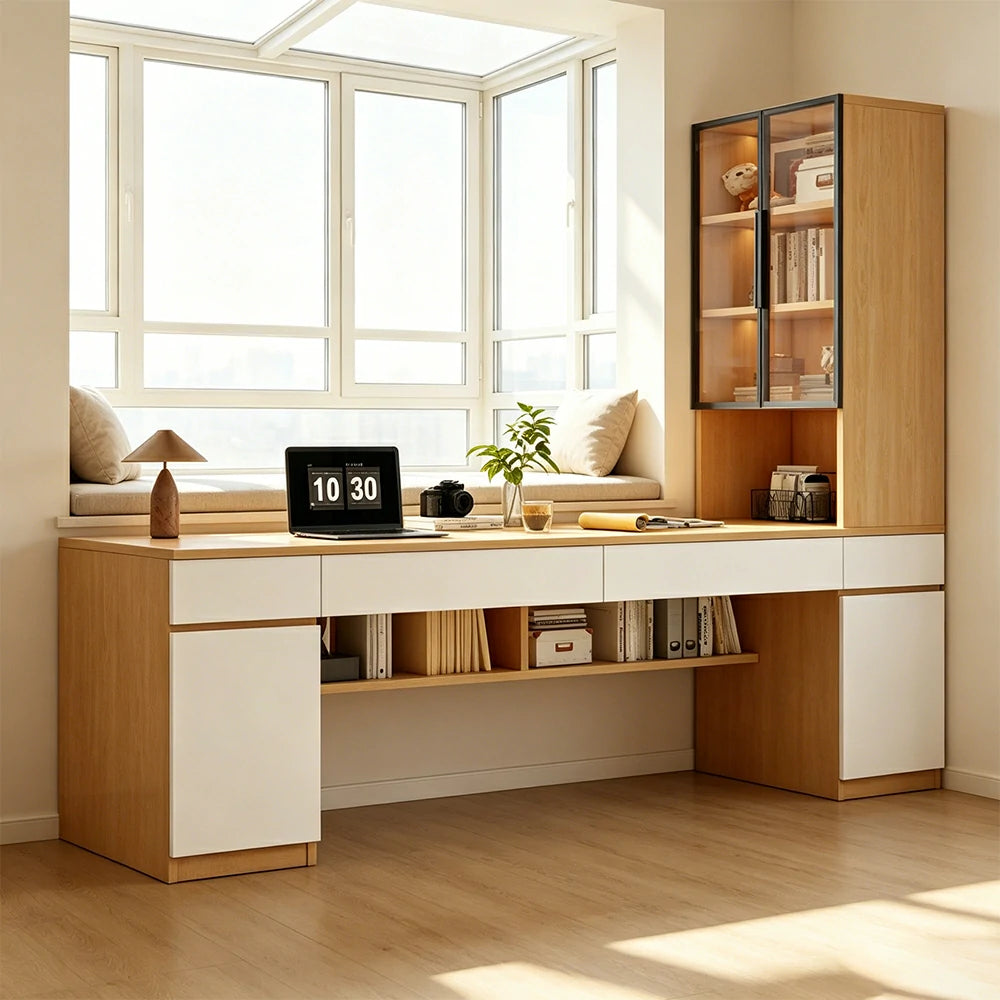 LUXORA 160cm Desk with Right Storage Cabinet & Glass Display Shelves for Home Office - Warm White&Wood