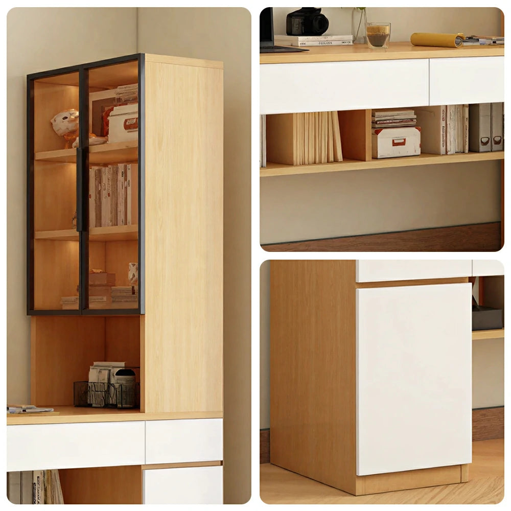 LUXORA 160cm Desk with Right Storage Cabinet & Glass Display Shelves for Home Office - Warm White&Wood