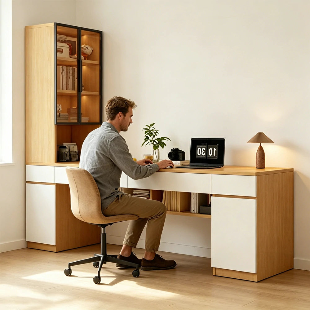 LUXORA 160cm Desk with Right Storage Cabinet & Glass Display Shelves for Home Office - Warm White&Wood