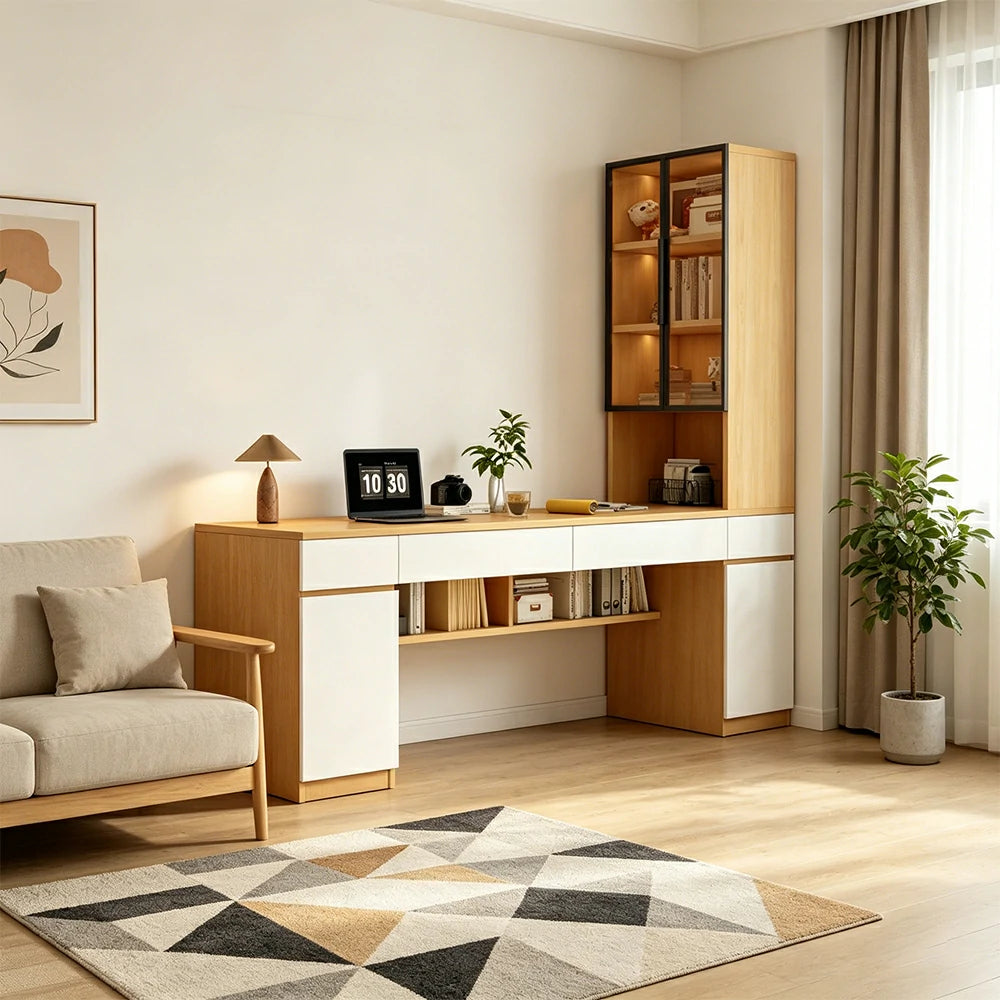 LUXORA 160cm Desk with Right Storage Cabinet & Glass Display Shelves for Home Office - Warm White&Wood
