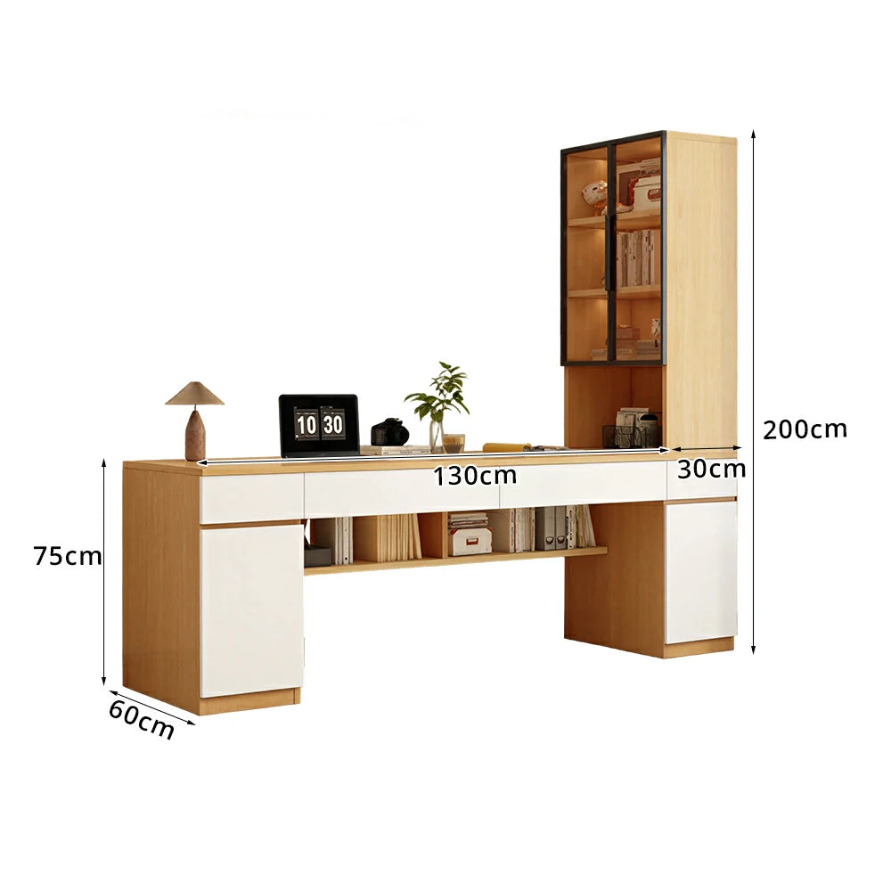 LUXORA 160cm Desk with Right Storage Cabinet & Glass Display Shelves for Home Office - Warm White&Wood