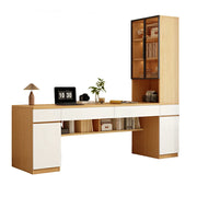 LUXORA 160cm Desk with Right Storage Cabinet & Glass Display Shelves for Home Office - Warm White&Wood
