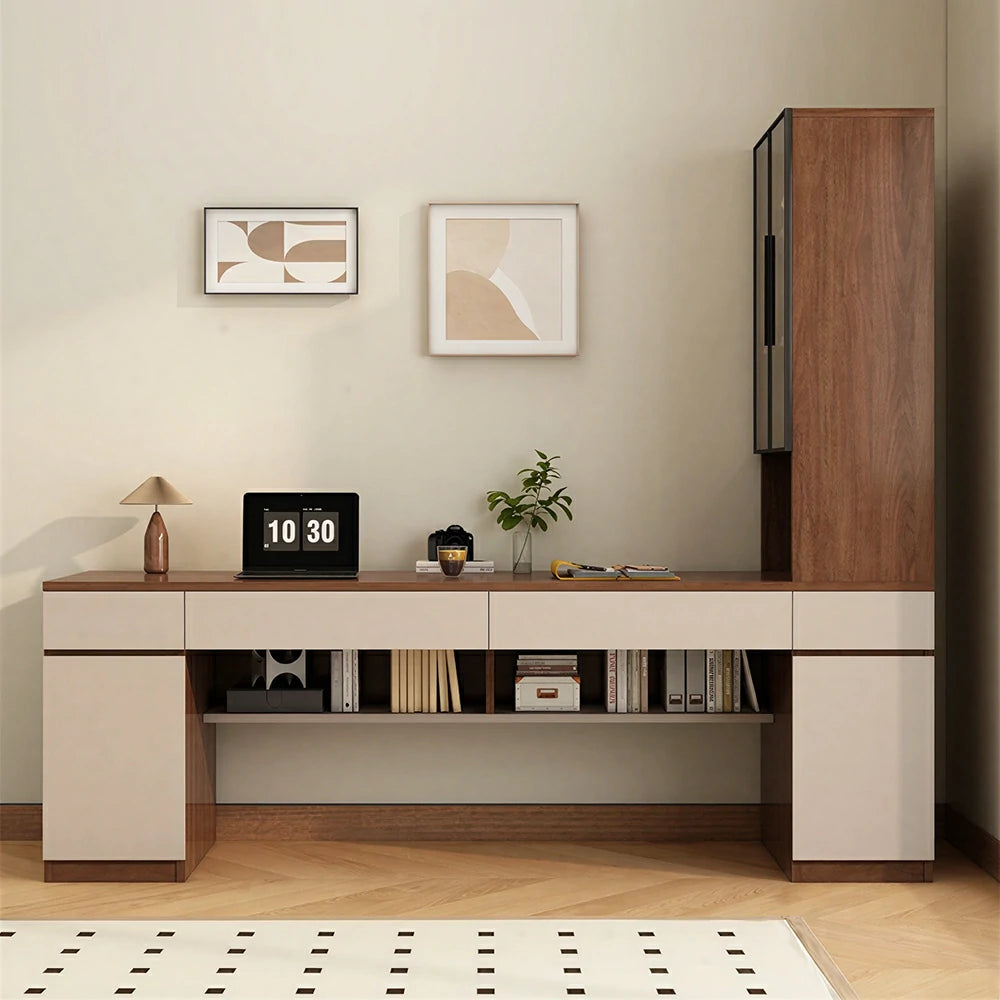 LUXORA 160cm Desk with Right Storage Cabinet & Glass Display Shelves for Home Office - Brown