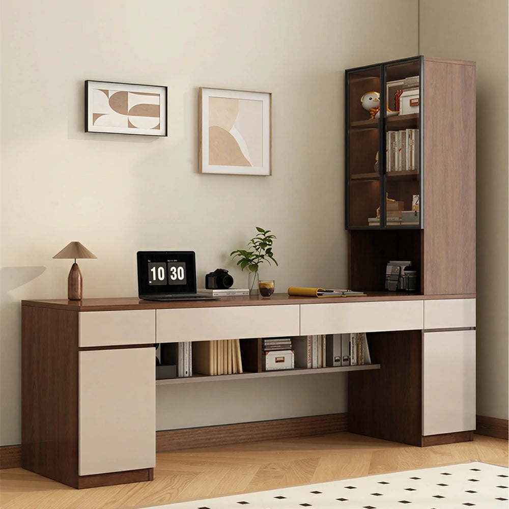 LUXORA 160cm Desk with Right Storage Cabinet & Glass Display Shelves for Home Office - Brown