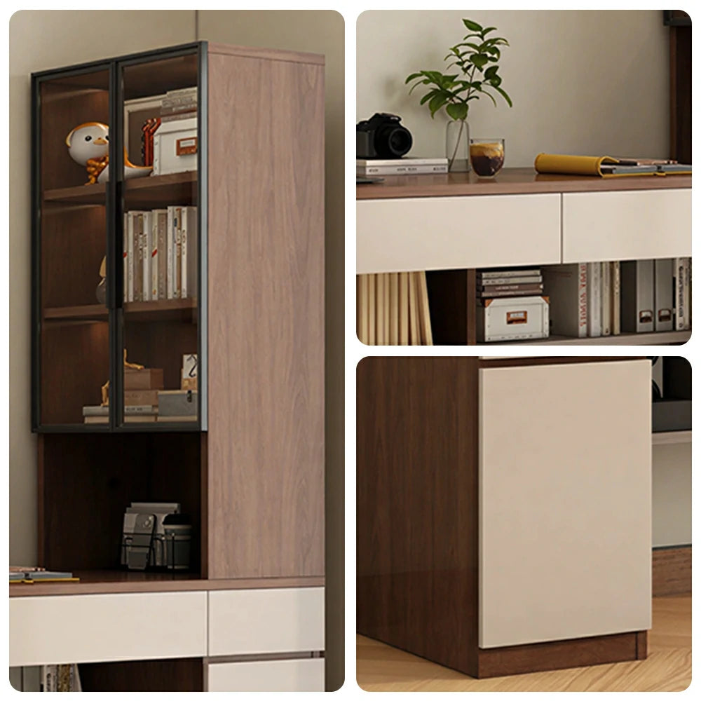 LUXORA 160cm Desk with Right Storage Cabinet & Glass Display Shelves for Home Office - Brown