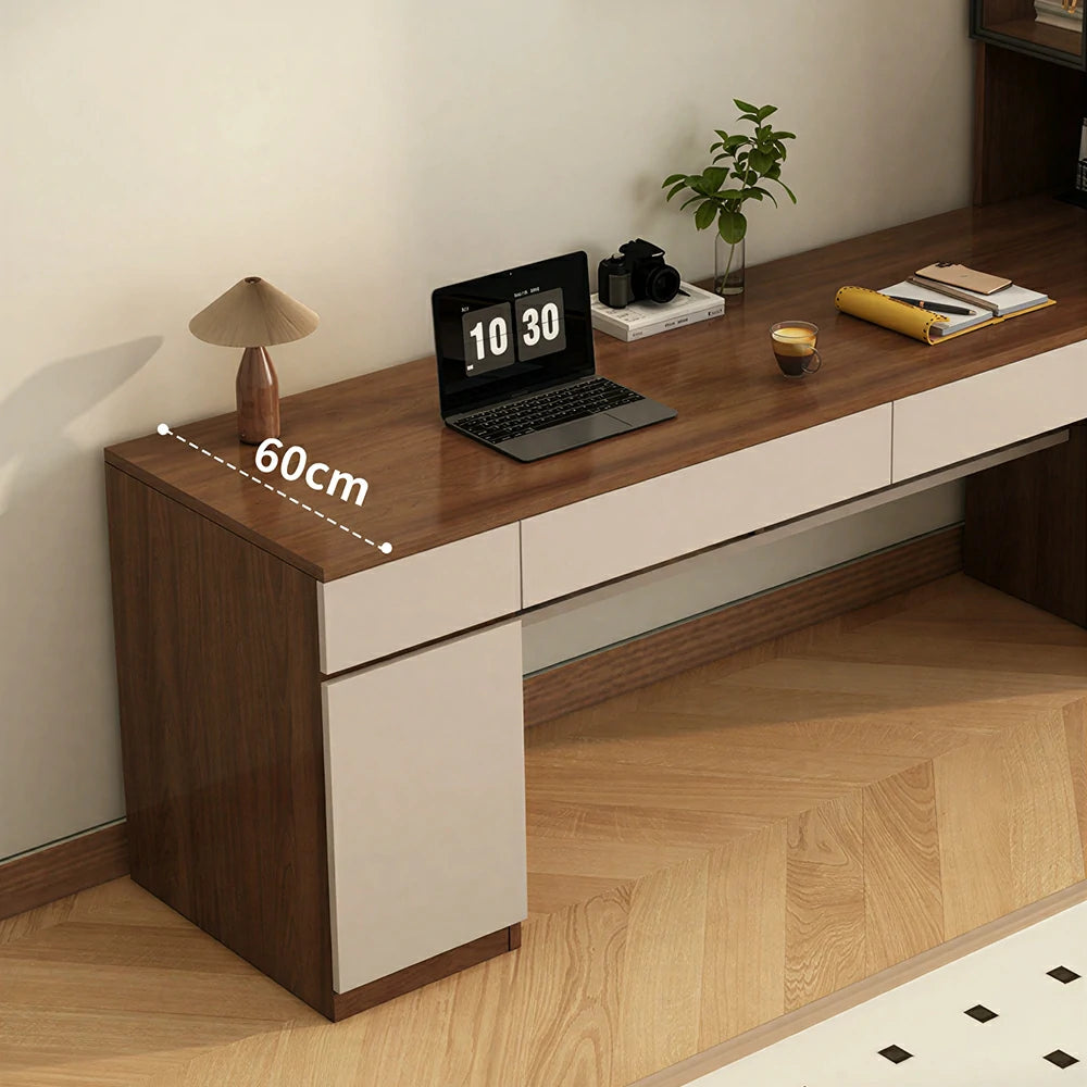 LUXORA 160cm Desk with Right Storage Cabinet & Glass Display Shelves for Home Office - Brown