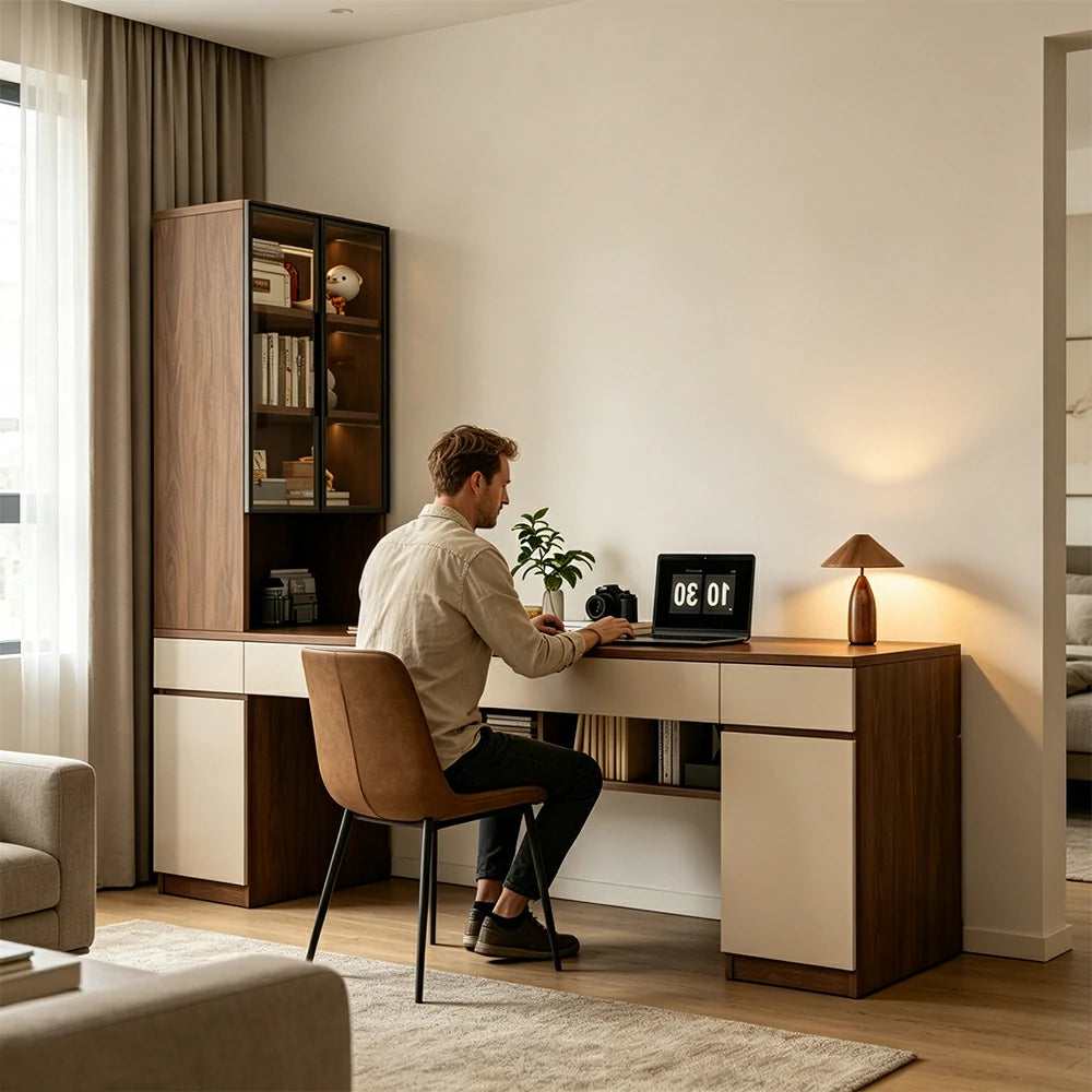 LUXORA 160cm Desk with Right Storage Cabinet & Glass Display Shelves for Home Office - Brown