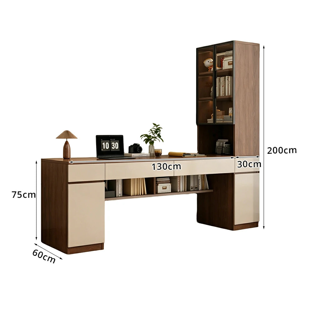 LUXORA 160cm Desk with Right Storage Cabinet & Glass Display Shelves for Home Office - Brown