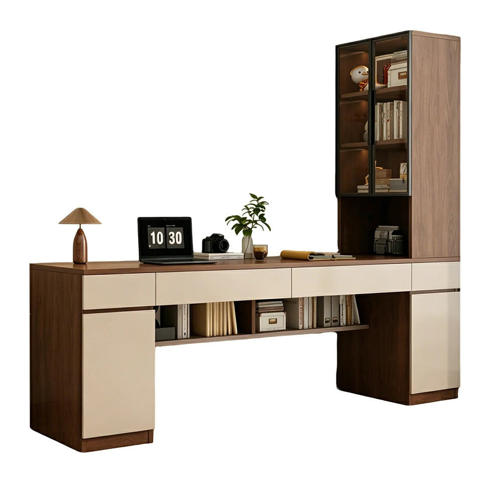 LUXORA 160cm Desk with Right Storage Cabinet & Glass Display Shelves for Home Office - Brown