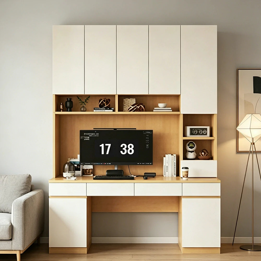 LUXORA Single Study Desk with Bookshelf Storage for Study Bedroom Home Office - Natural Wood