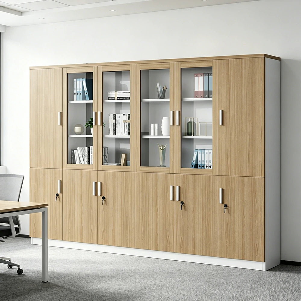 LUXORA 6 Door Bookcase with Glass Display Shelves Office Storage Cabinet - Oak